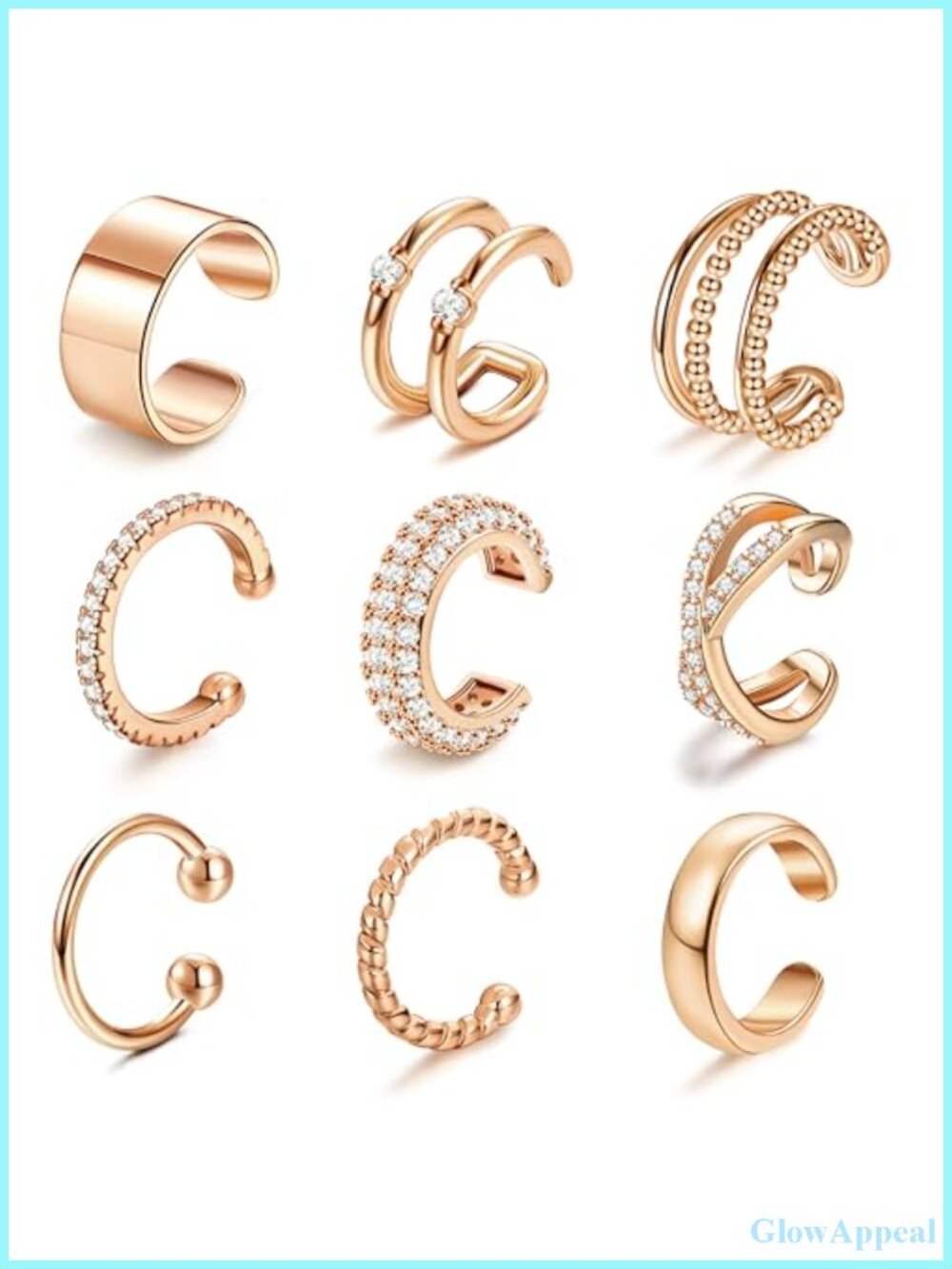 14K Gold Plated Non Piercing Ear Cuffs Set of 9 Hypoallergenic Clip On Earrings